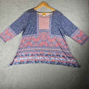 Ruby Red Tunic Top Women’s Size XL Multicolored Geometric 3/4 Sleeve Boho